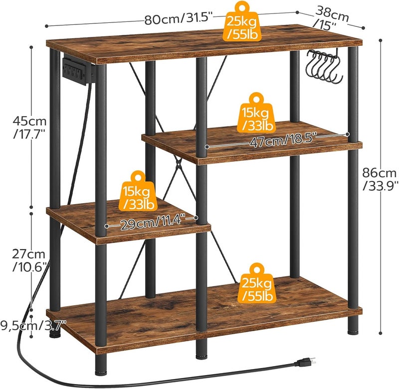 HOOBRO Bakers Rack with Power Outlet, Microwave Stand with 5 S-Shaped Hooks, Coffee Bar, Kitchen Storage Shelf, for Kitchen, Living Room, Rustic Brown and Black BF07UHB01 - Image 3